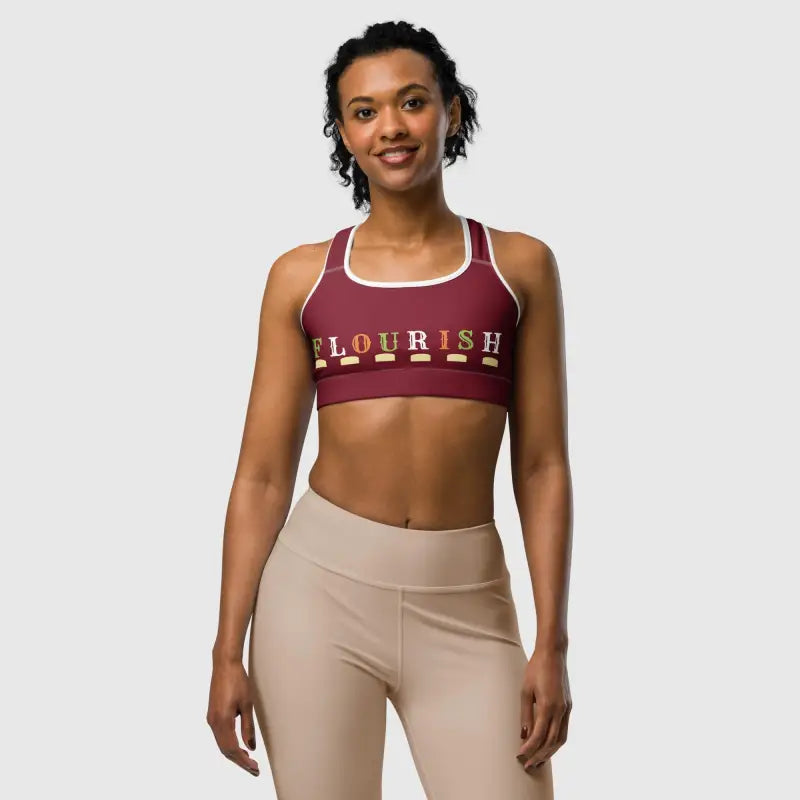 Burgundy sports bra with FLOURISH text perfect for plus size activewear and workout leggings