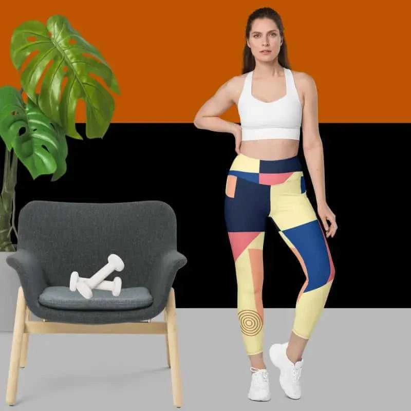 Colorful geometric abstract pocket leggings with a white sports bra for activewear lovers