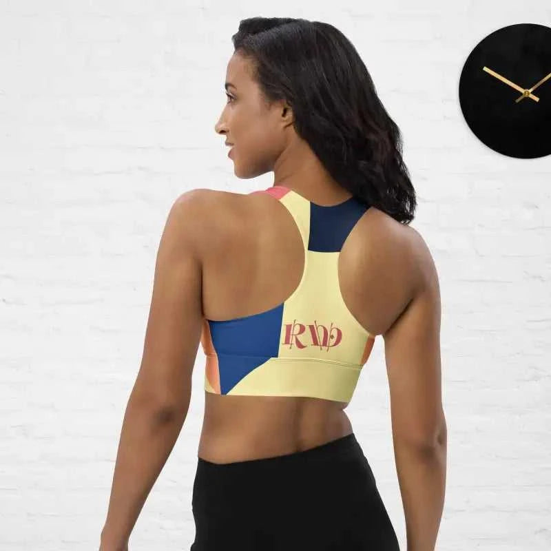 Yellow navy blue active abstract sports bra with red text detail for workout leggings