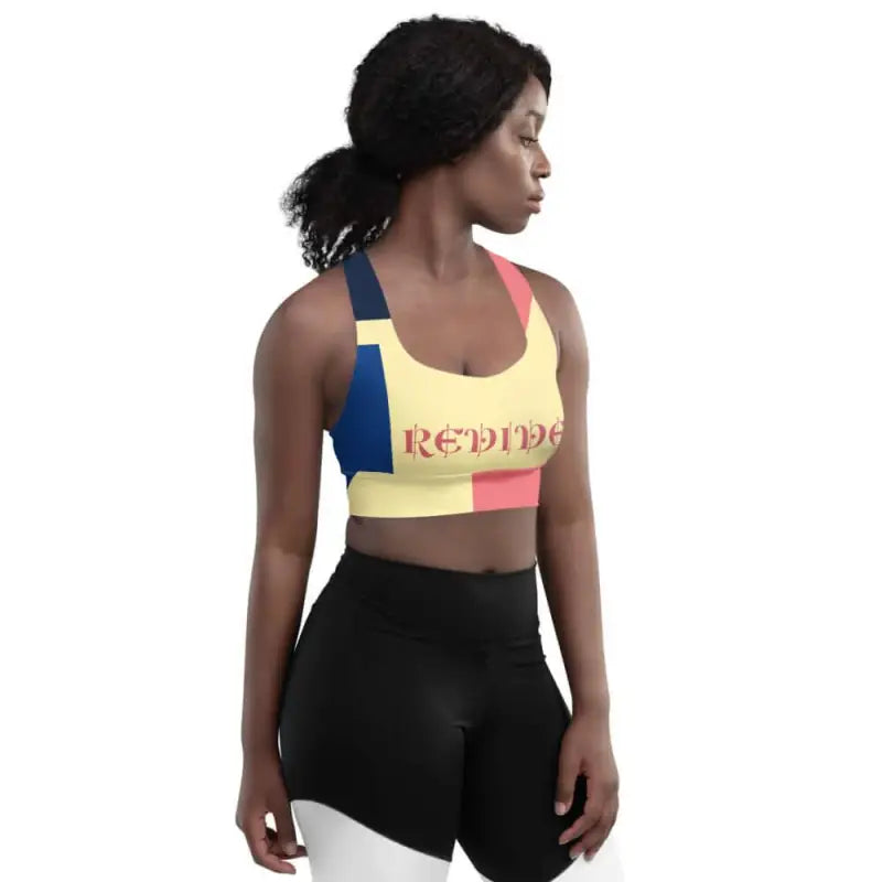 Colorblock Active Abstract Sports Bra with REDDOG text in yellow, blue, pink panels