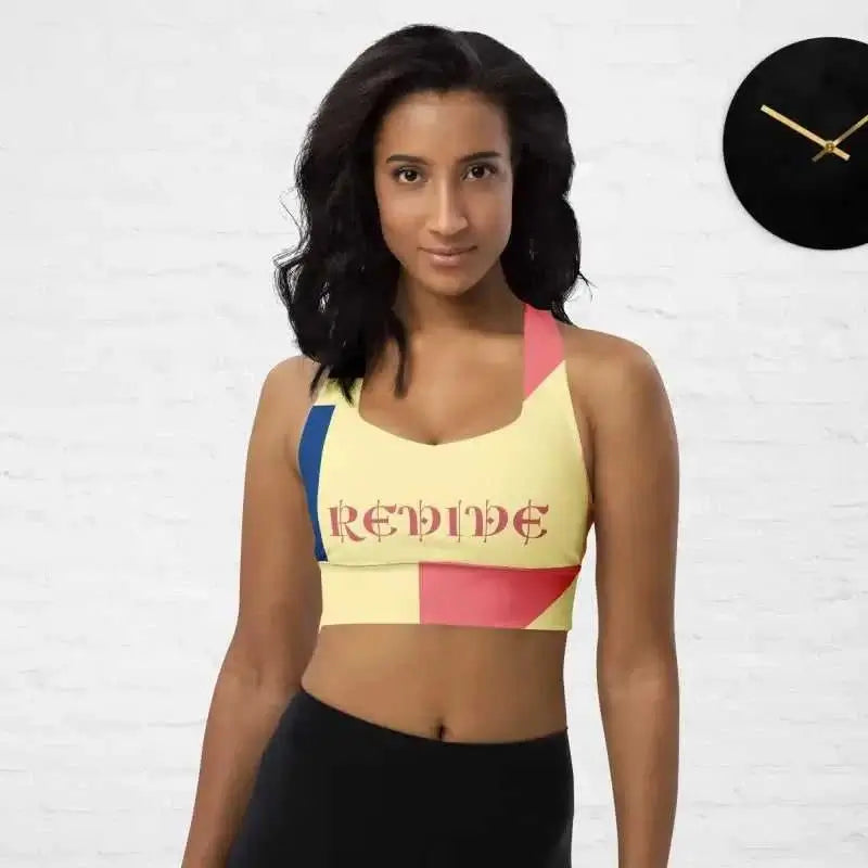 Colorblock activewear sports bra with REVIVE text in abstract print for workout leggings