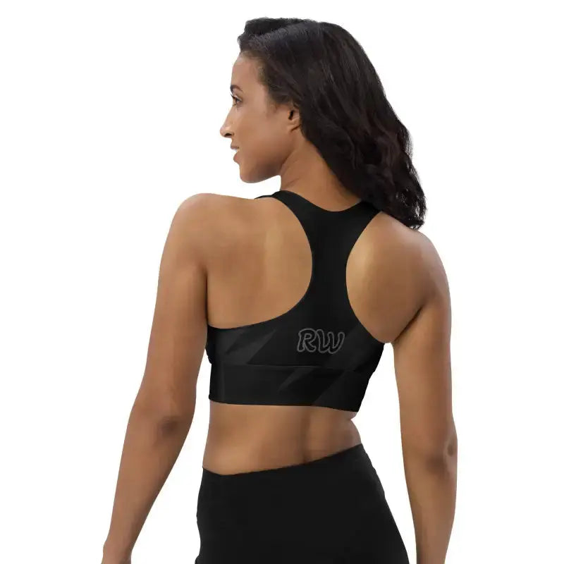 Black longline sports bra featuring RW text detail in a sleek racerback style