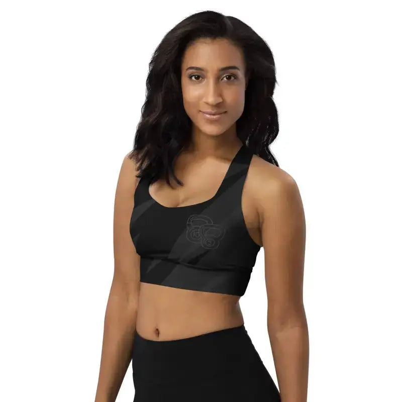 Black Longline Sports Bra featuring a stylish racerback design for active wear