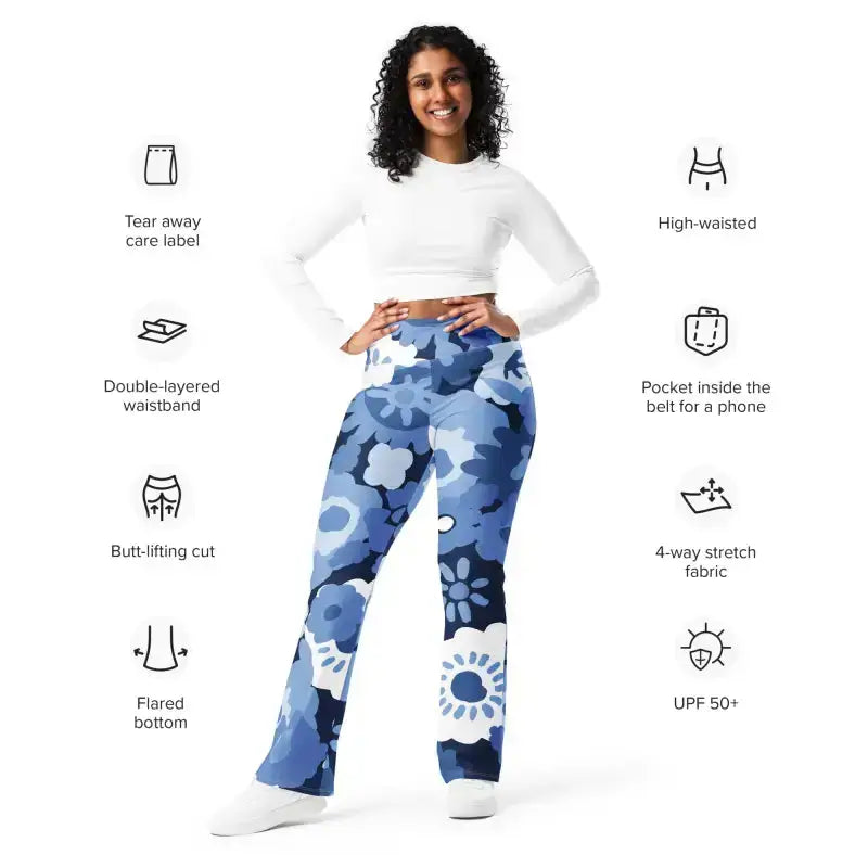Blue floral flare leggings with butt-lifting cut for bold workouts and hands-free convenience
