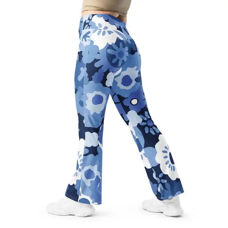 Blue floral flare leggings with butt-lifting cut for stylish, hands-free workouts
