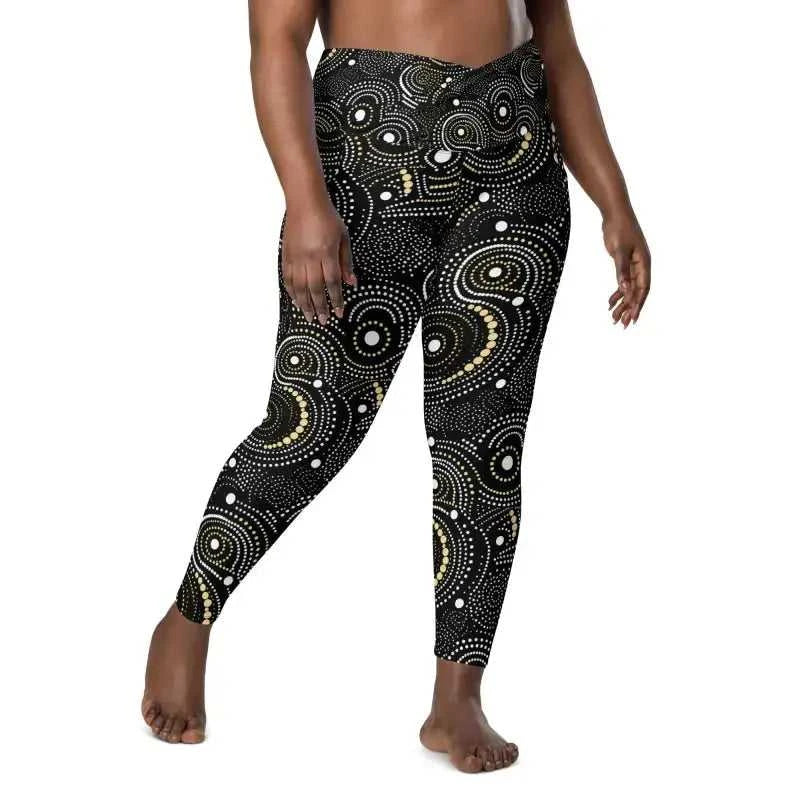 Patterned black crossover leggings, perfect for workout and plus size activewear