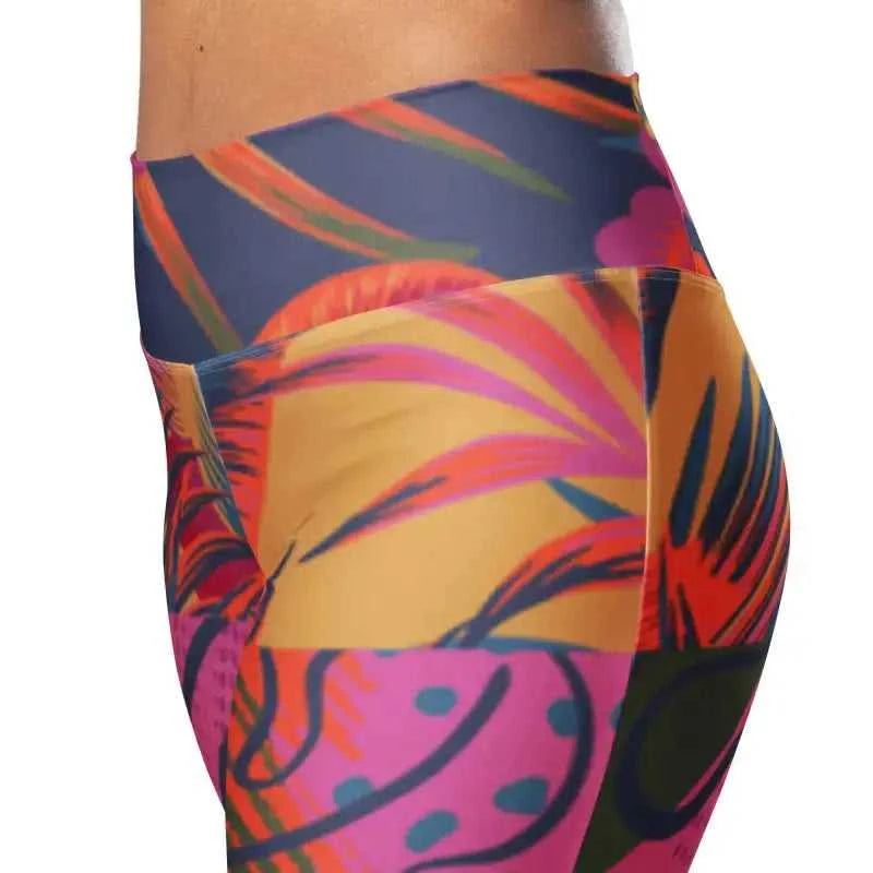 Flare Patterned Leggings close view of high waist band. These patterned flare leggings feature a high waist and back pocket. Enhance your curves in all the right places with this trendsetting flare cut. Explore today.