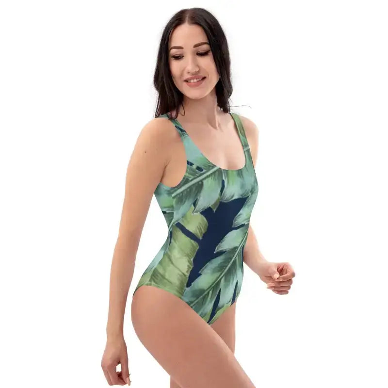 Leaf-patterned Flora one-piece swimsuit displayed, perfect for plus size activewear