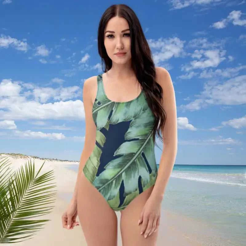 Woman in leaf-patterned one-piece swimsuit from Flora One-Piece Swimsuit collection