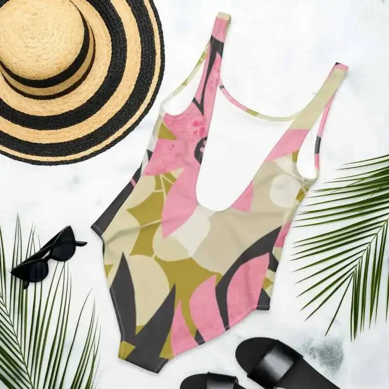 Pink, beige, and black floral patterned one-piece swimsuit for stylish summer vibes