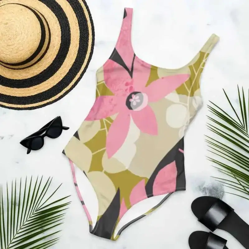 Floral One-Piece Swimsuit featuring a pink floral design on beige and black background