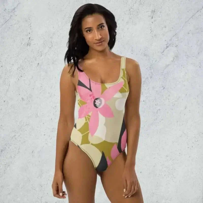 Floral One-Piece Swimsuit with cute pink floral design on a light background