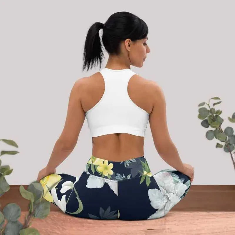 Floral workout leggings with high waist paired with a white racerback sports bra