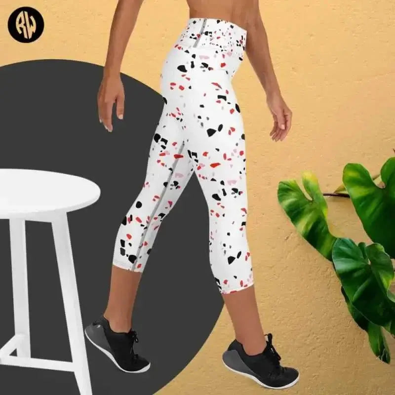 High Waisted Capri Yoga Pants with Bold Black and Red Paint Splatter for Trendy Wear
