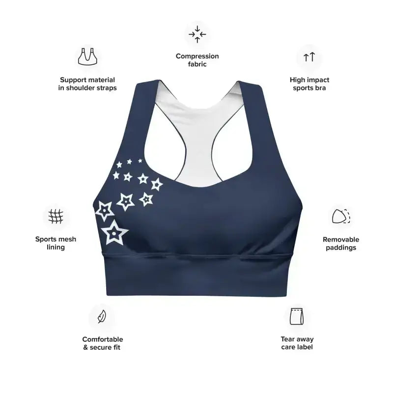 Navy blue longline sports bra with white stars, perfect plus size activewear for workouts