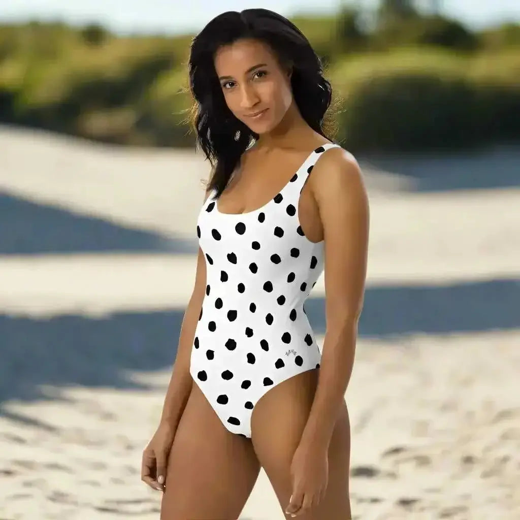 White polka dot swimsuit Dotty perfect for plus size activewear and summer vibes