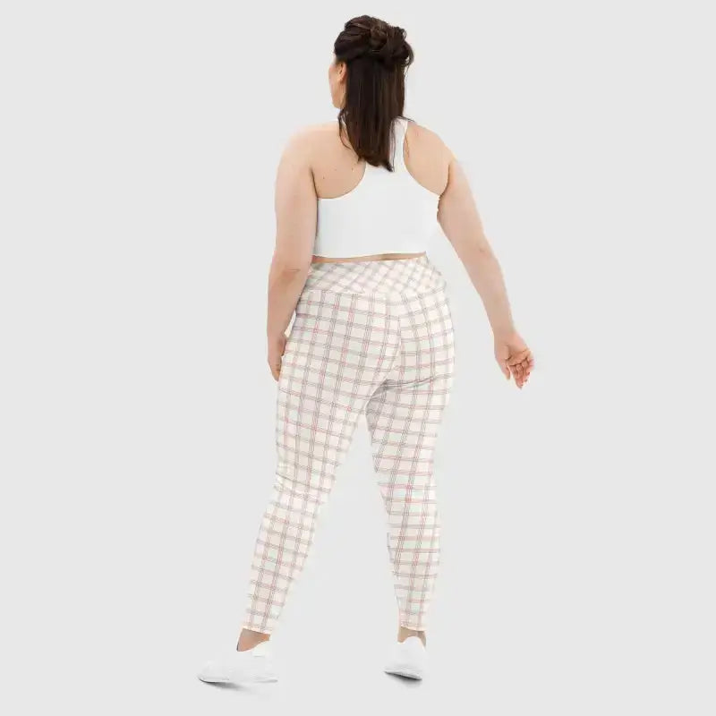 Woman in Pinstripe Plus Size Leggings with wide elastic waistband for ultimate comfort