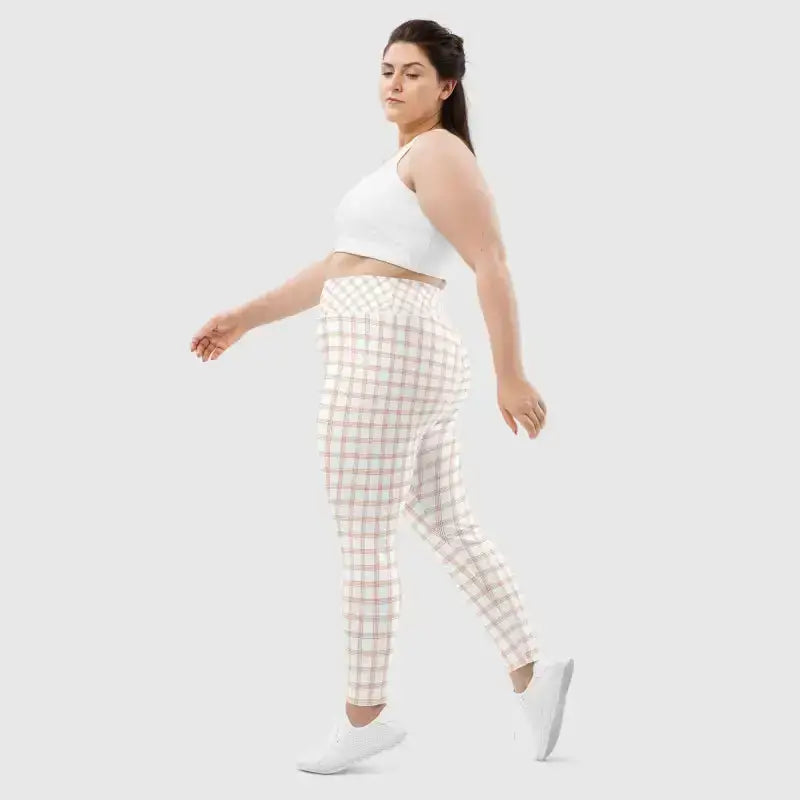 Woman in plaid Pinstripe Plus Size Leggings with wide elastic waistband for ultimate comfort