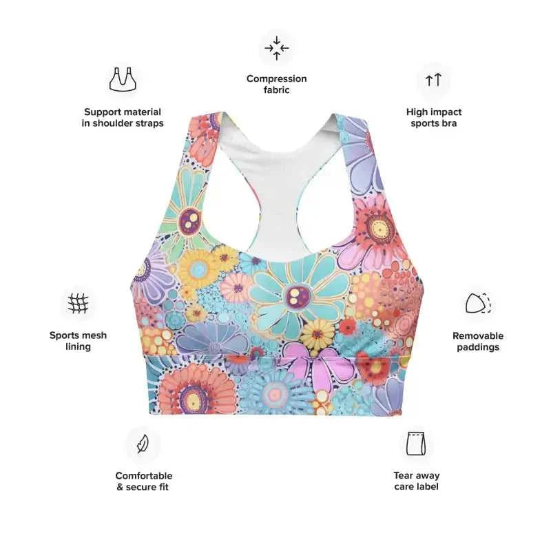 Recycled longline sports bra benefits features of removable padding, sports mesh lining and support material in shoulder straps.