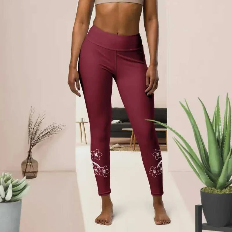 Red floral blossom yoga leggings with maroon floral pattern perfect for workout fitness