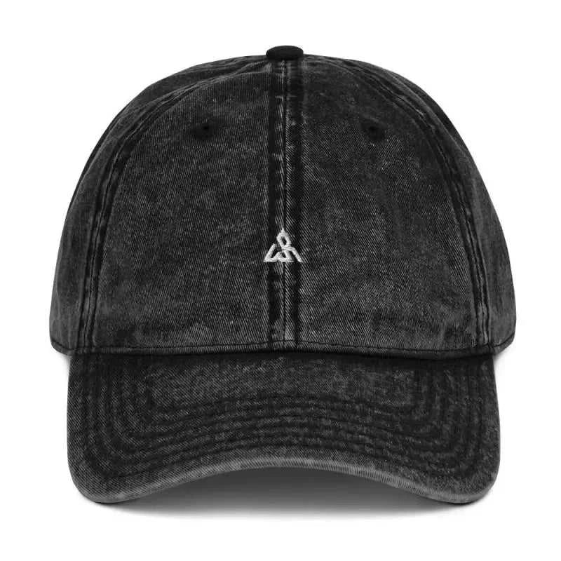 Black vintage cotton twill cap with small triangular logo embroidered on front