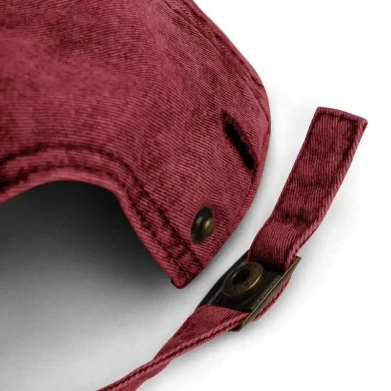 Vintage cotton twill burgundy baseball cap with metal snap closure