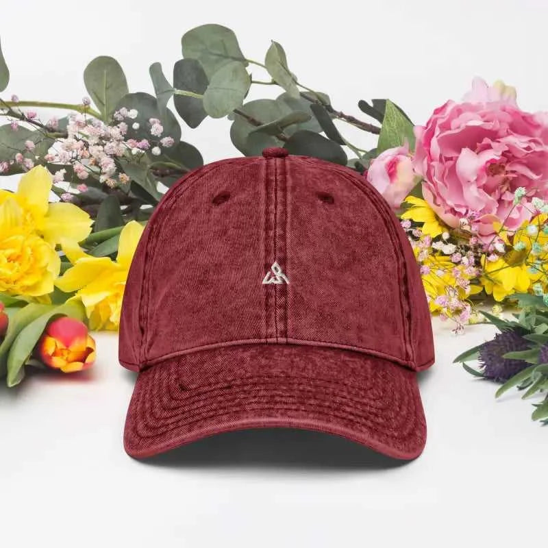 Burgundy velvet baseball cap with embroidered triangle logo made from vintage cotton twill