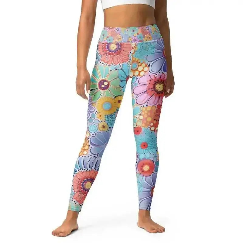 Stylish Floral Patterned Yoga Flower Workout Leggings made from soft microfiber yarn