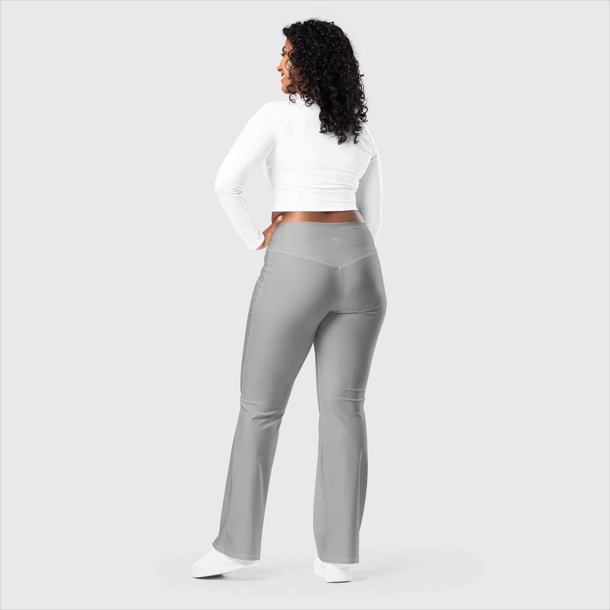 Grey flare leggings with high waist and back inside pocket