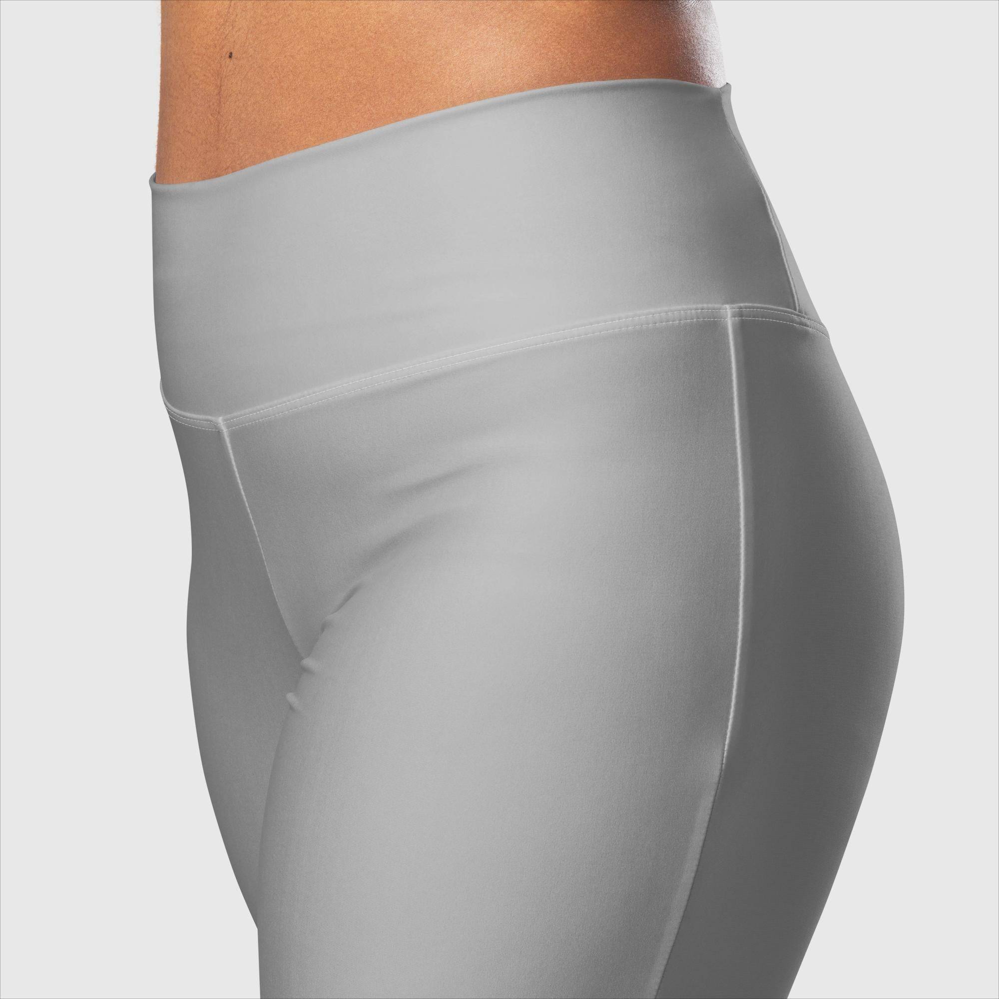 Grey flare leggings close view of front waist band that provides support and prevents leggings from moving out of place.