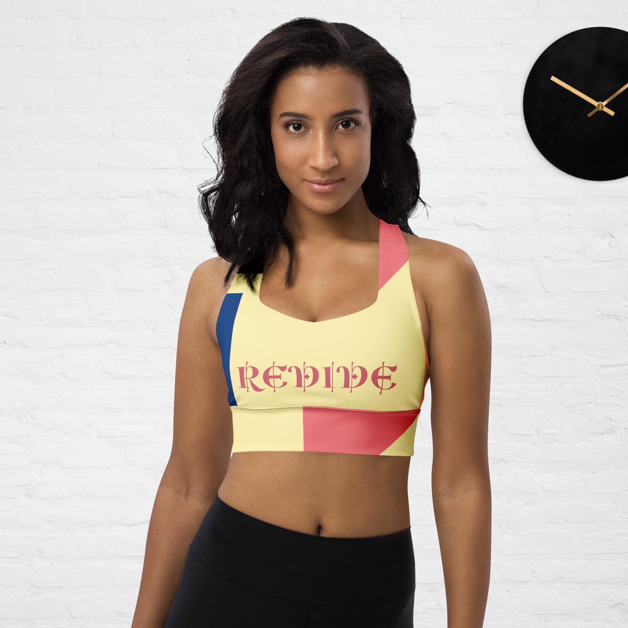 Active Abstract Longline Sports Bra in yellow, pink and blue