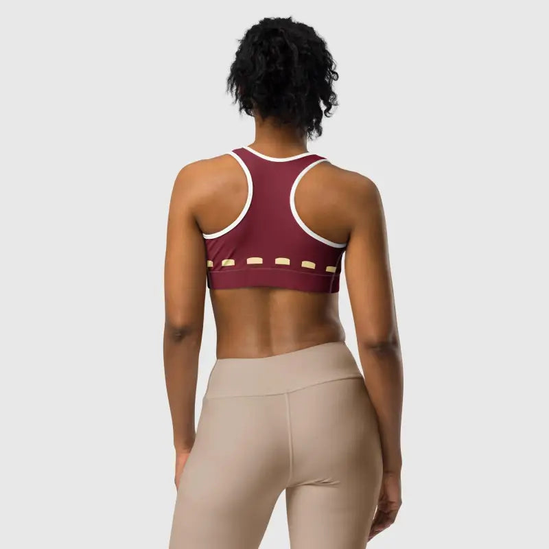 Burgundy sports bra with white trim, perfect for workout leggings and plus size activewear