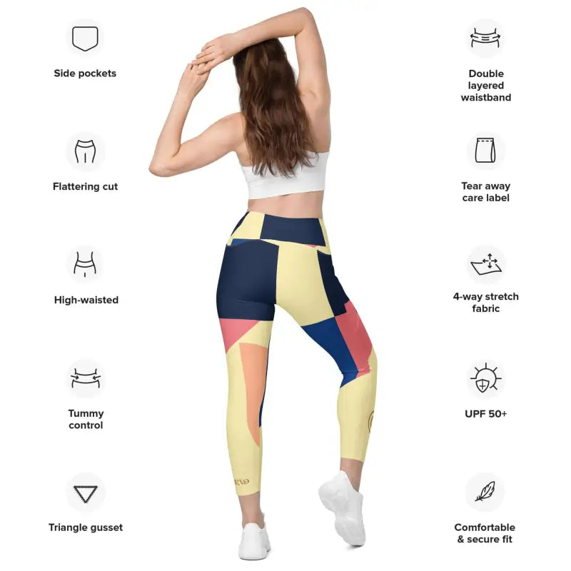 Color-blocked Activewear Abstract Pocket Leggings with geometric navy, yellow, and pink patterns