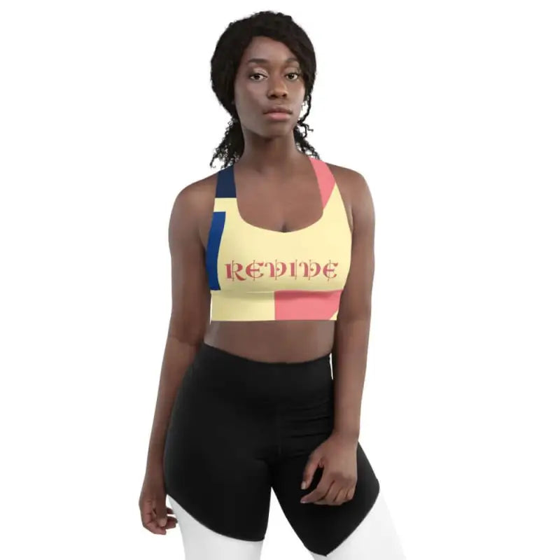 Colorful active abstract sports bra with Re-pride text on pastel color block design