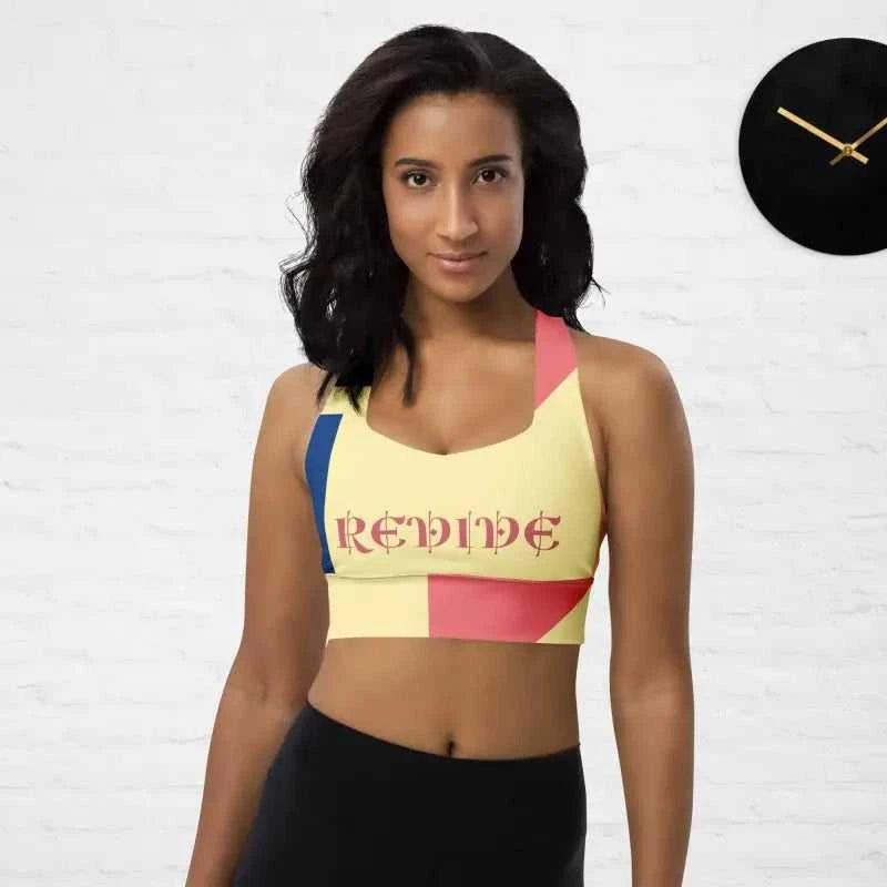 Colorblock activewear sports bra with REVIVE text in abstract print for workout leggings