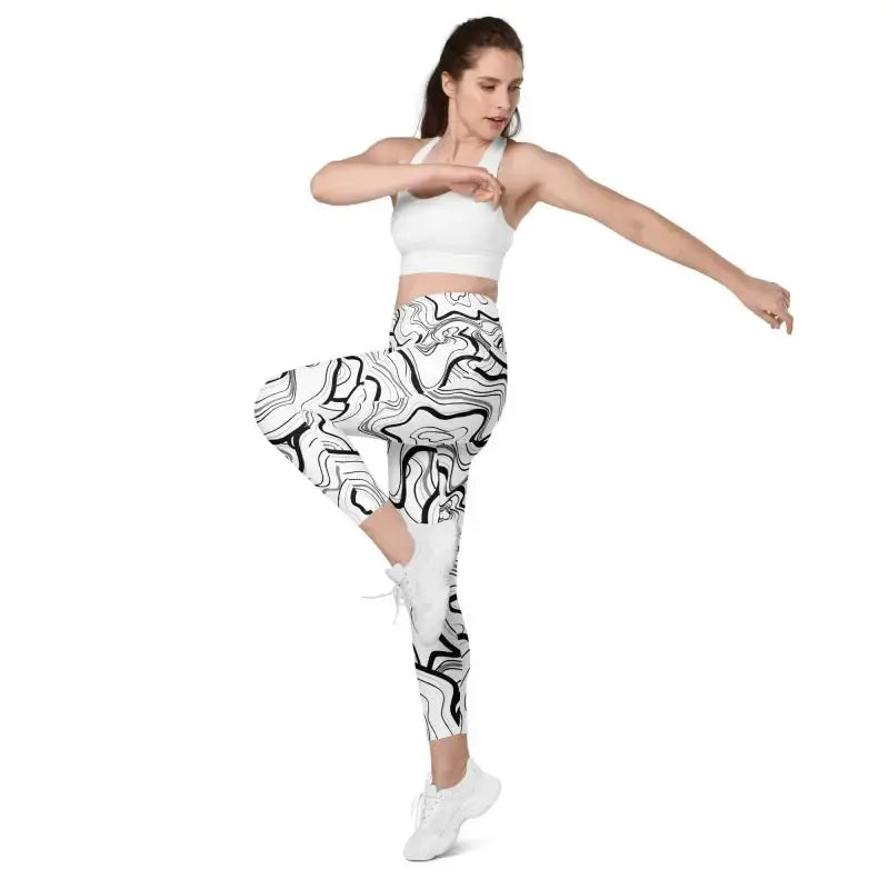 Black fitness leggings with a stylish black and white marble swirl pattern