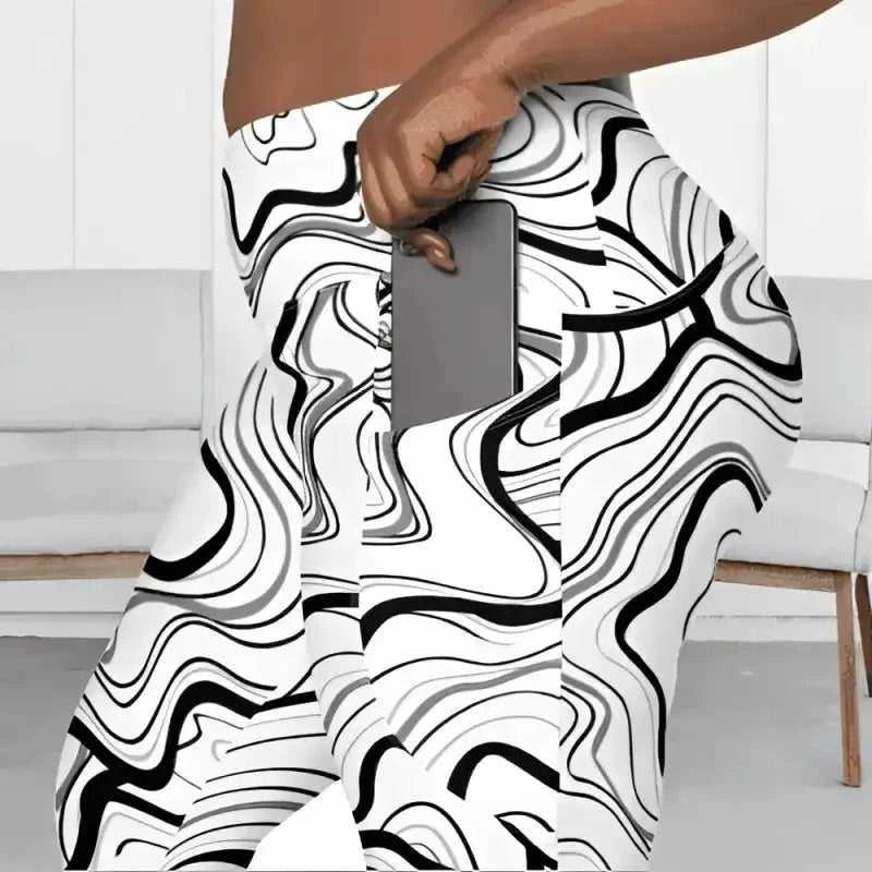 Black fitness leggings with a cool black and white marble pattern and phone pocket