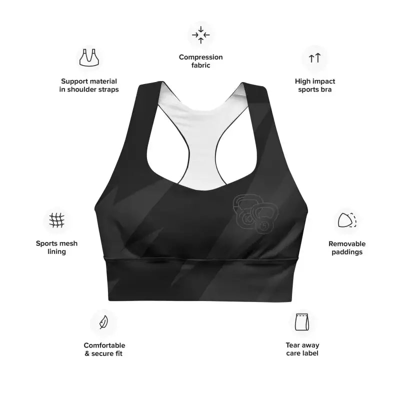 Black longline sports bra featuring racerback design and breathable mesh lining