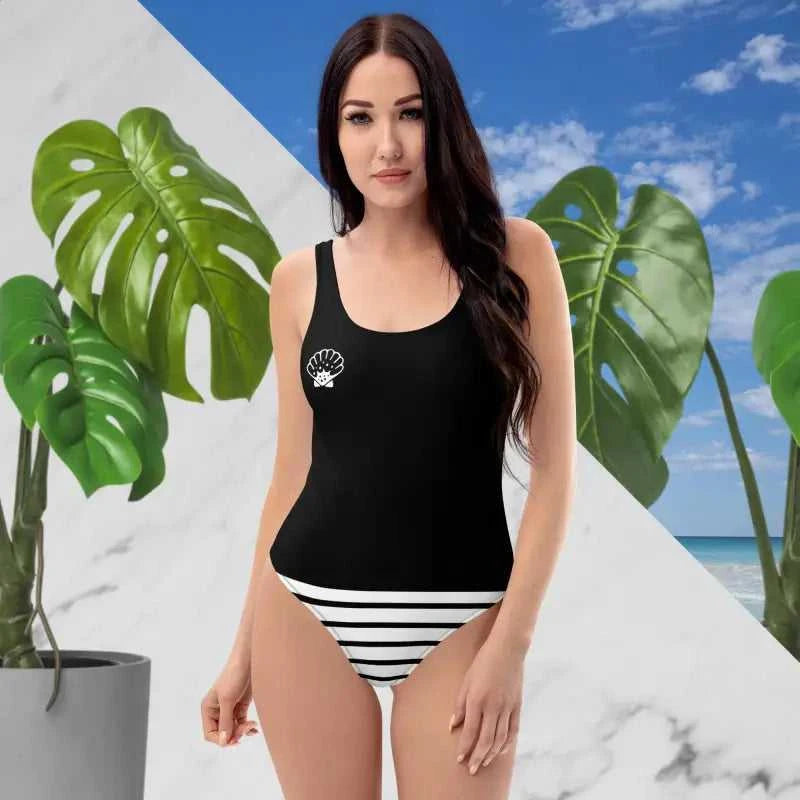 Black One Piece Swimsuit Australia featuring a sleek tank top and striped bikini bottom