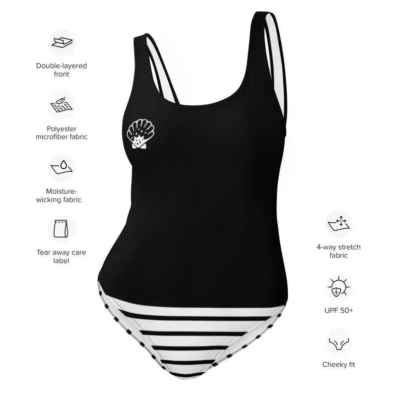 Black one piece swimsuit product benefits of double layered front with scoop neckline, UPF50+ fabric, 4 way stretch fabric with  chlorine resistant properties.