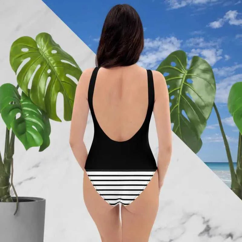 Stylish black and white striped two-piece swimsuit with scoop back design for summer fun