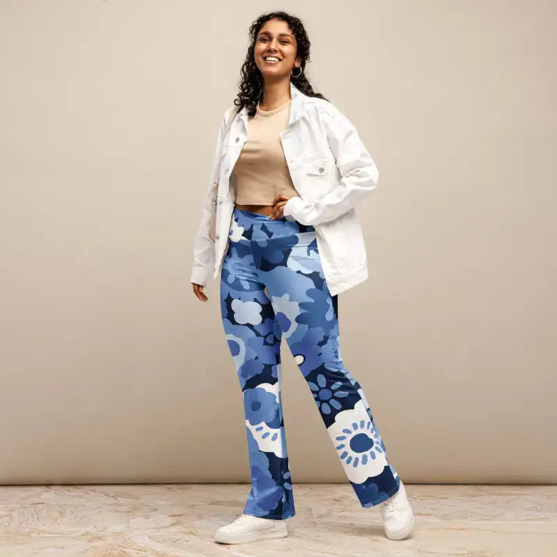 Blue floral flare leggings with butt-lifting cut perfect for bold workouts and hands-free convenience