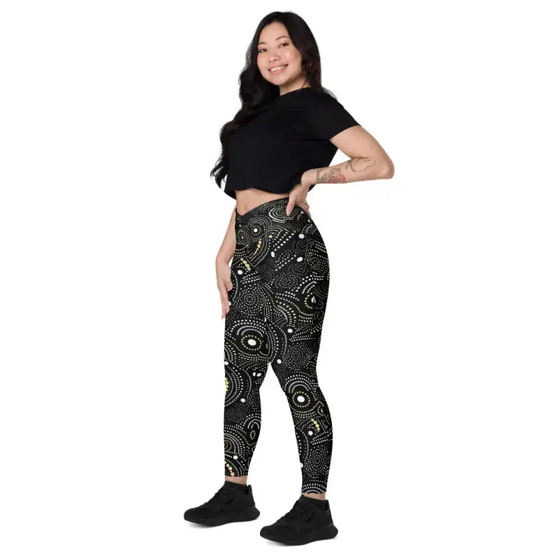 Stylish crossover leggings with black and gold pattern, perfect for workout and plus size activewear