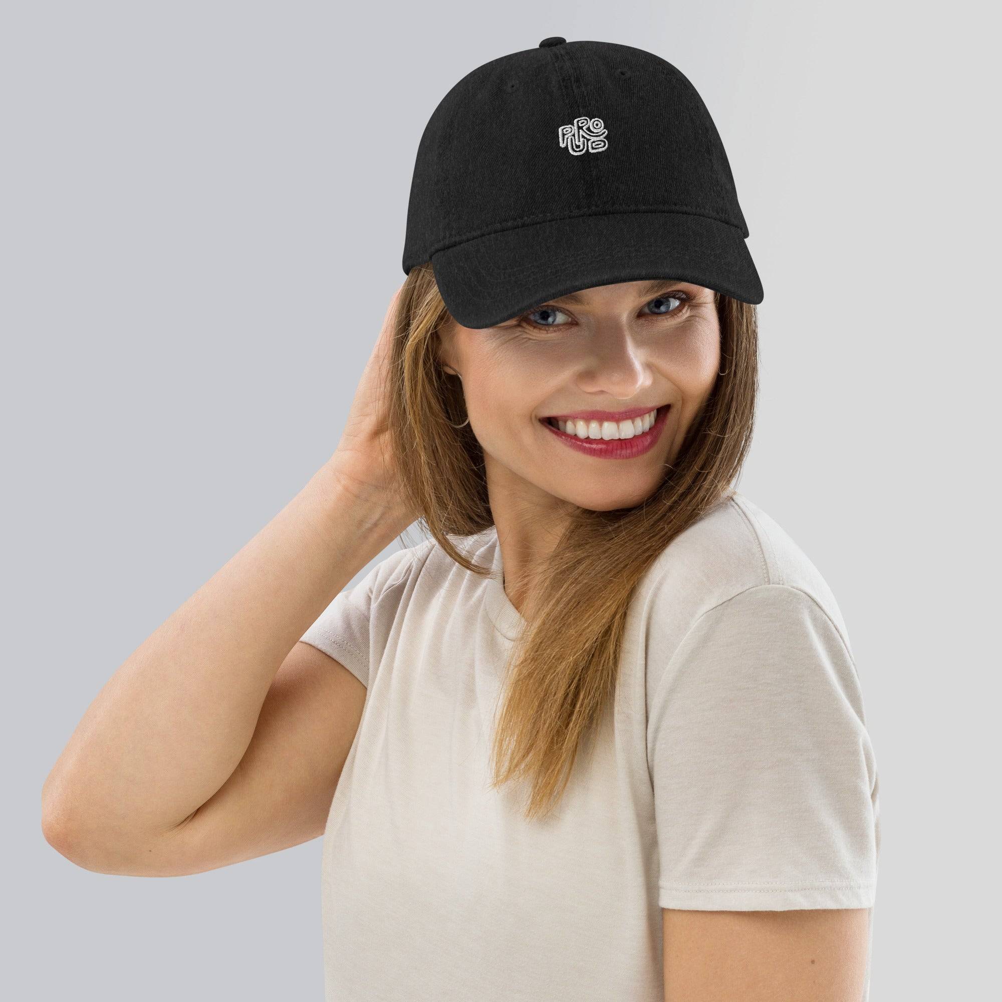 Ladies denim cap in black with embroidered proud in white
