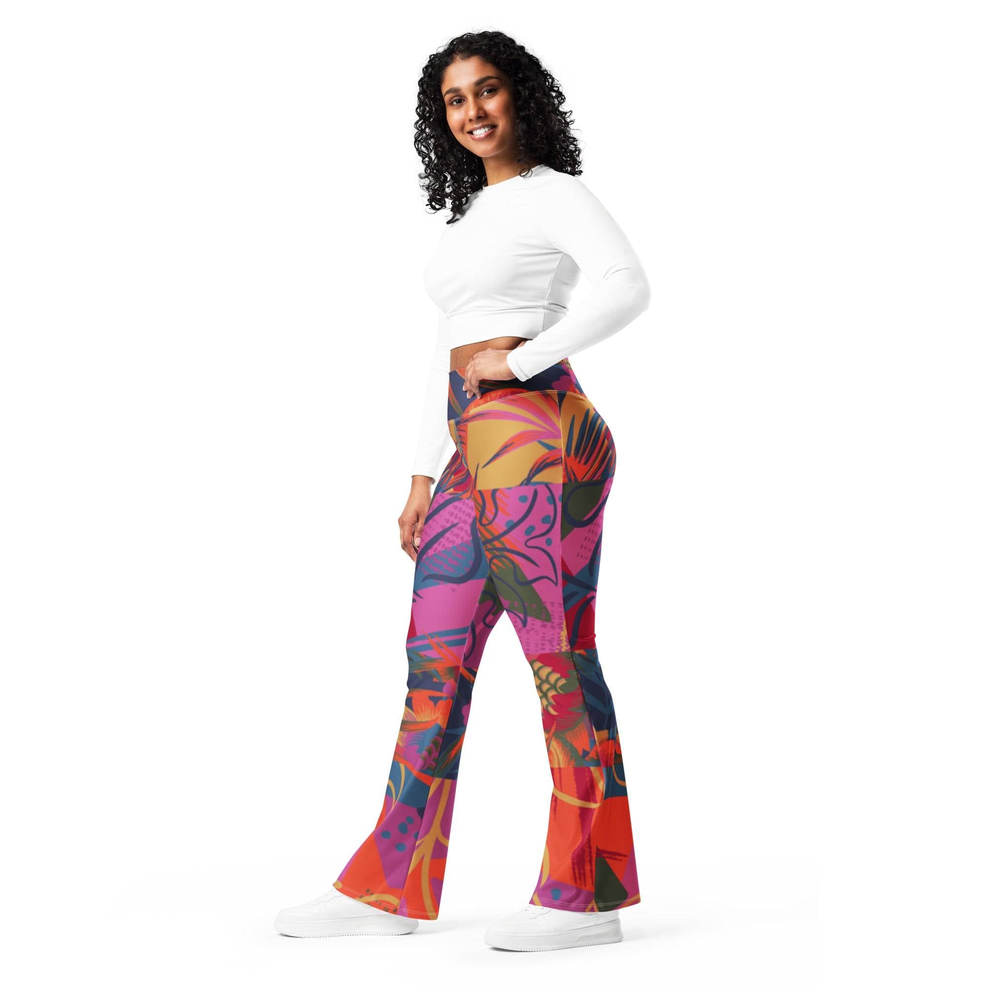 Flare Patterned Leggings. These patterned flare leggings feature a high waist and back pocket. Enhance your curves in all the right places with this trendsetting flare cut.  Explore today.