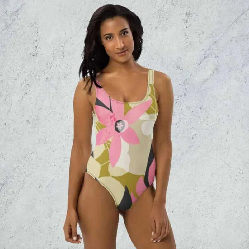 Floral One-Piece Swimsuit with cute pink floral design on a light background