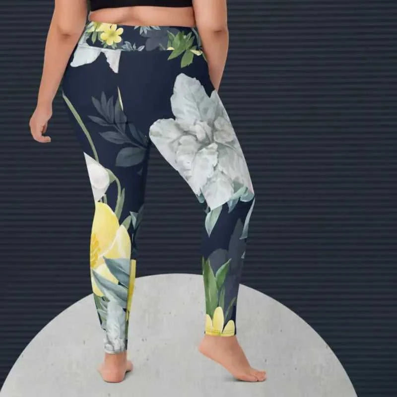 Floral workout leggings with white and yellow flowers on navy blue high waist fit
