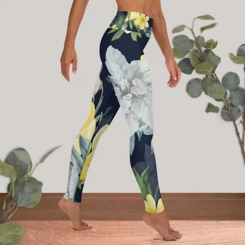 Floral workout leggings with navy background and white, yellow, green flowers for women