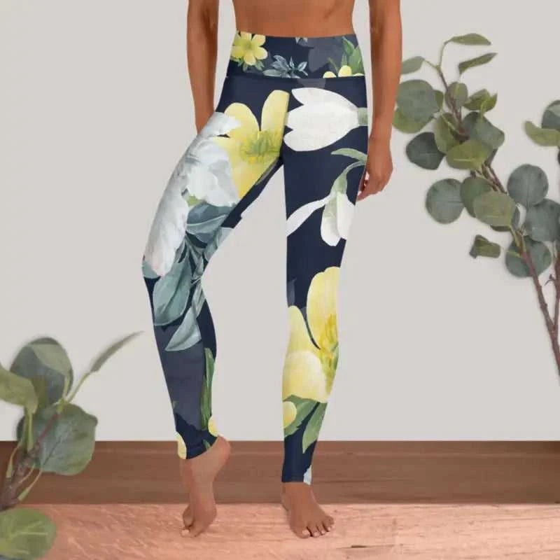 Floral workout leggings with yellow and white flowers on navy blue high waist style
