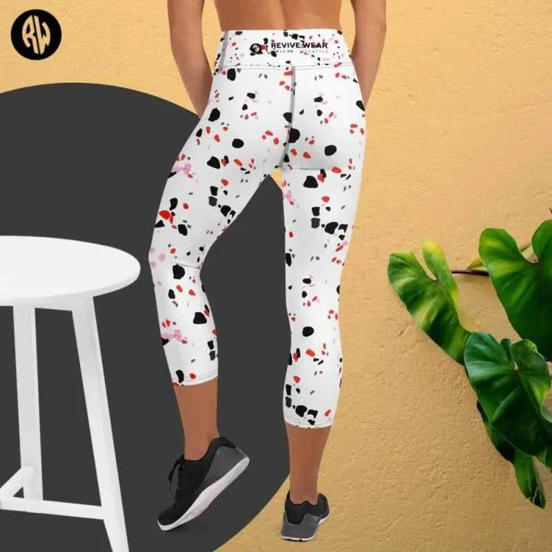 High Waisted Capri Yoga Pants with a cool black and red splatter design for stylish wear